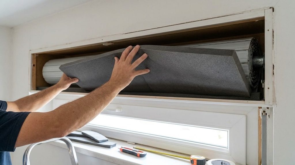 Installation d'un panneau isolant compact en mousse dans le coffre intérieur d'un volet roulant pour bloquer les courants d'air.