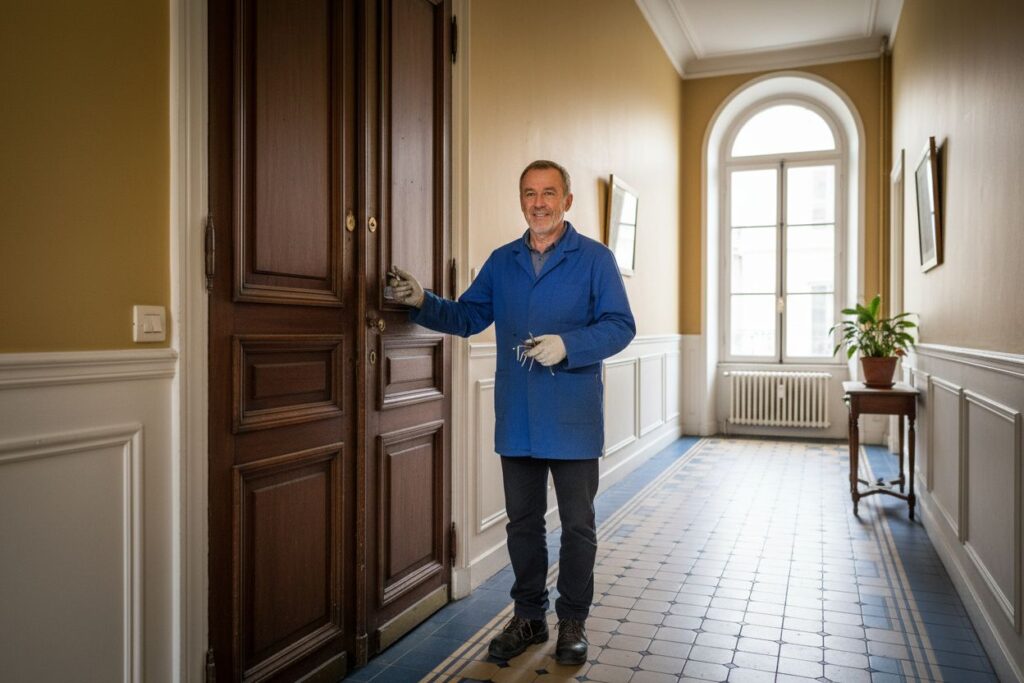 Combien coûte un dépannage d'urgence par un serrurier à Lyon ? 2 Artisan serrurier réalisant une ouverture de porte claquée sans détruire la serrure à Lyon.