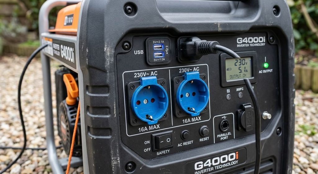 Comment choisir le meilleur groupe électrogène inverter selon ses besoins ? 3 Gros plan sur les prises électriques 230V et sorties USB du tableau de bord d'un groupe électrogène inverter.