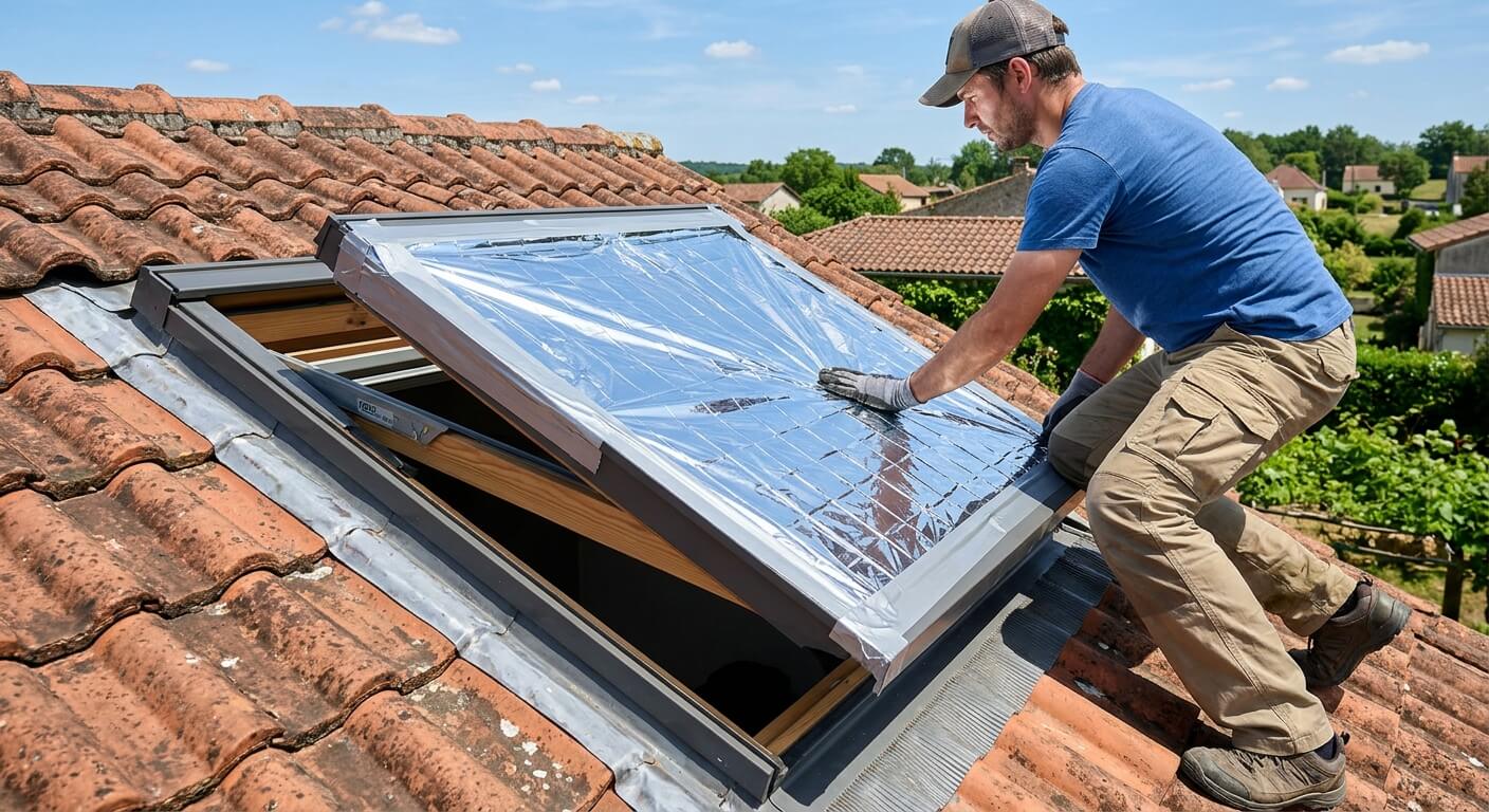 Installation d'une couverture de survie sur la face extérieure d'une fenêtre de toit Velux en été.