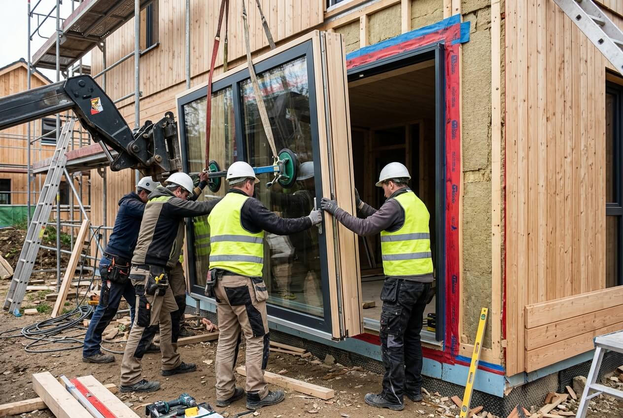 Menuisiers installant une menuiserie très épaisse et lourde sur une maison passive en bois.