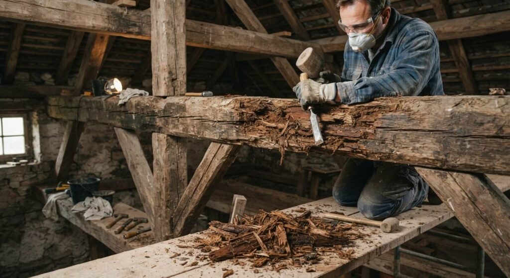 Comment réparer une poutre en bois pourrie : étapes, résine et renforts 2 Élimination des parties de bois spongieux et pourri au ciseau sur une vieille poutre porteuse.