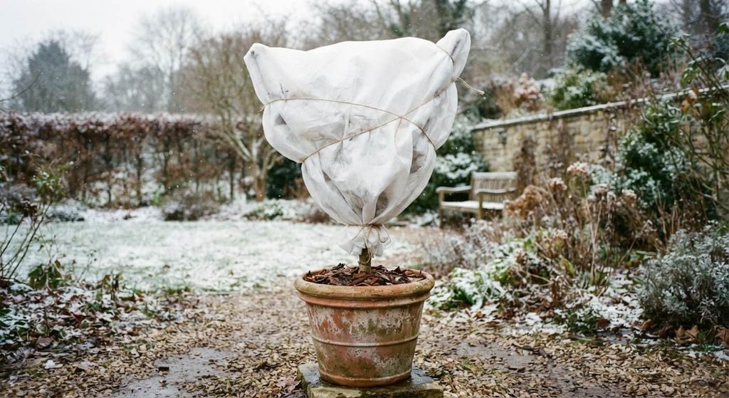 Érable du Japon gelé : que faire pour le sauver ? 4 Érable du Japon cultivé en pot emballé dans un voile d'hivernage blanc de protection.