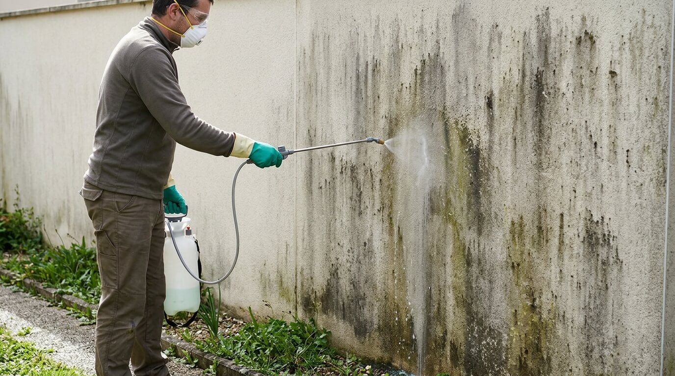 Application au pulvérisateur de jardin d'un mélange dilué d'eau de Javel sur des salissures murales.