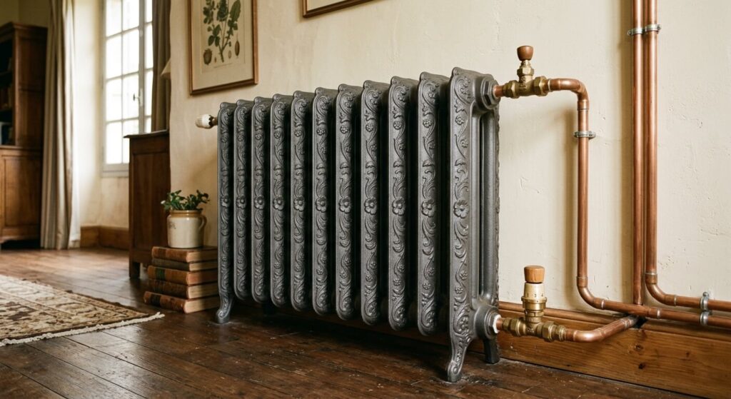 Thermostat sur radiateur en fonte : compatibilité et installation 2 Grand radiateur en fonte fleuri relié à un circuit de chauffage central au gaz.