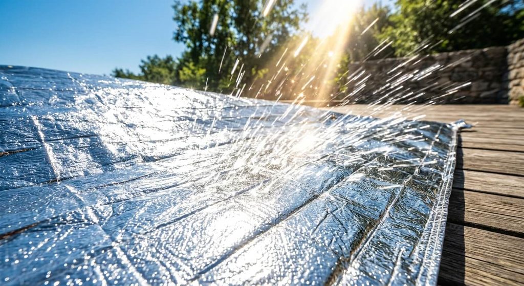 Face argentée d'une couverture thermique réfléchissant les rayons solaires pour bloquer la chaleur.