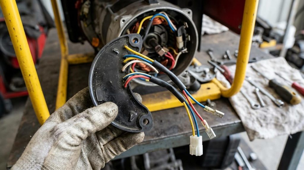 Pourquoi mon groupe électrogène ne fournit plus de courant ? 4 Module régulateur de tension AVR en demi-lune avec ses cosses de branchement démonté d'un générateur.