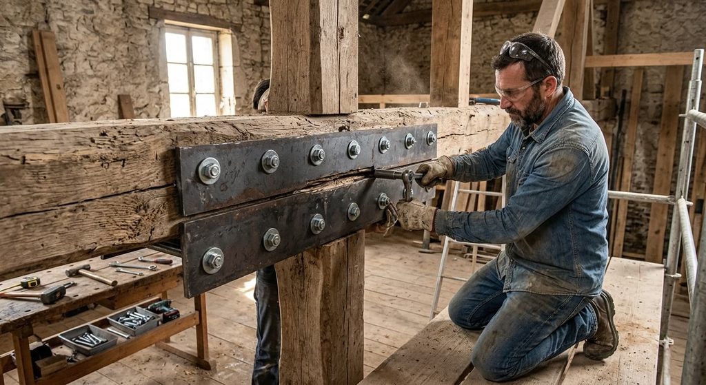 Comment réparer une poutre en bois pourrie : étapes, résine et renforts 4 Moisement d'une poutre maîtresse à l'aide de deux fers plats métalliques boulonnés à travers le bois.
