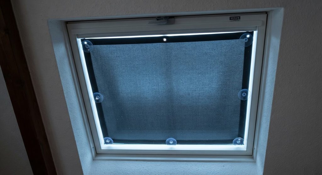 Occulter un Velux sans store : solutions pas chères, chaleur et nuit noire 4 Toile occultante thermique fixée par ventouses directement sur la vitre d'un Velux.