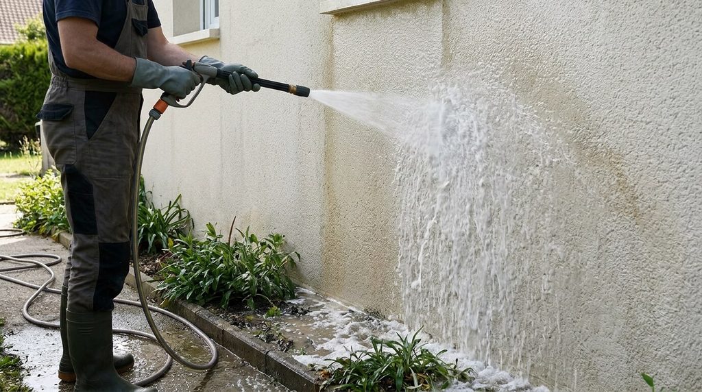 Quelle dilution d’eau de Javel pour nettoyer une façade ? 4 Rinçage abondant à basse pression d'un crépi de façade après traitement de blanchiment.