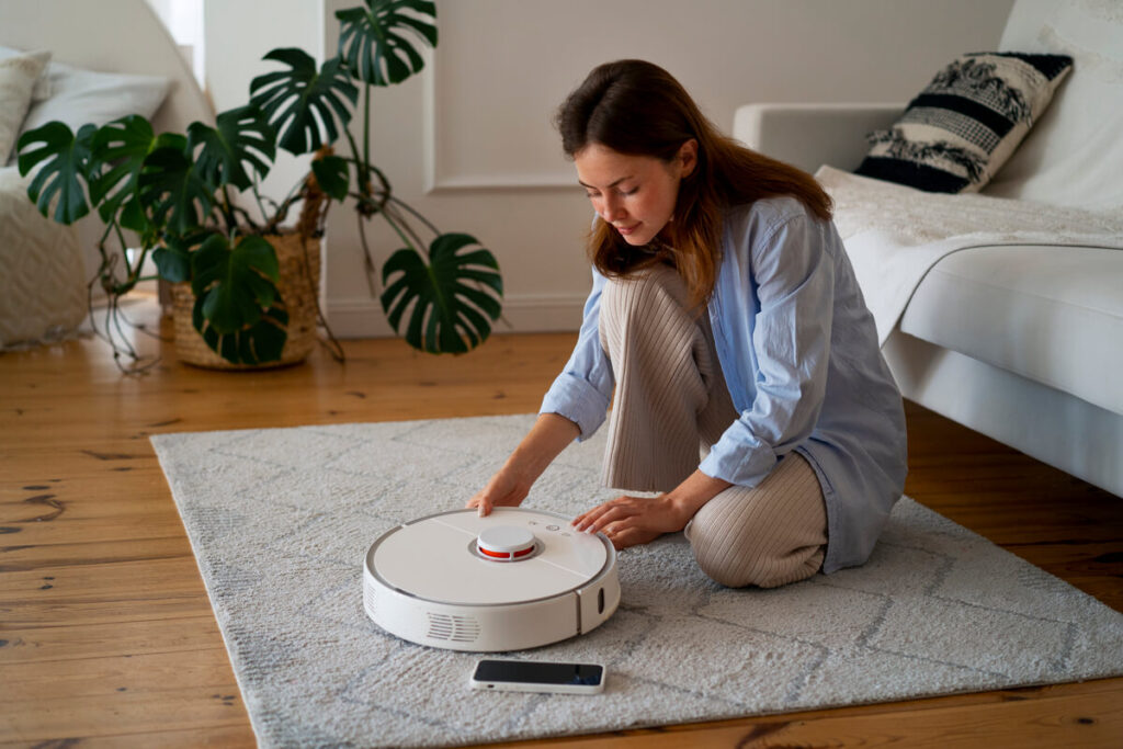 Robot aspirateur laveur en train de nettoyer le sol du salon de façon autonome