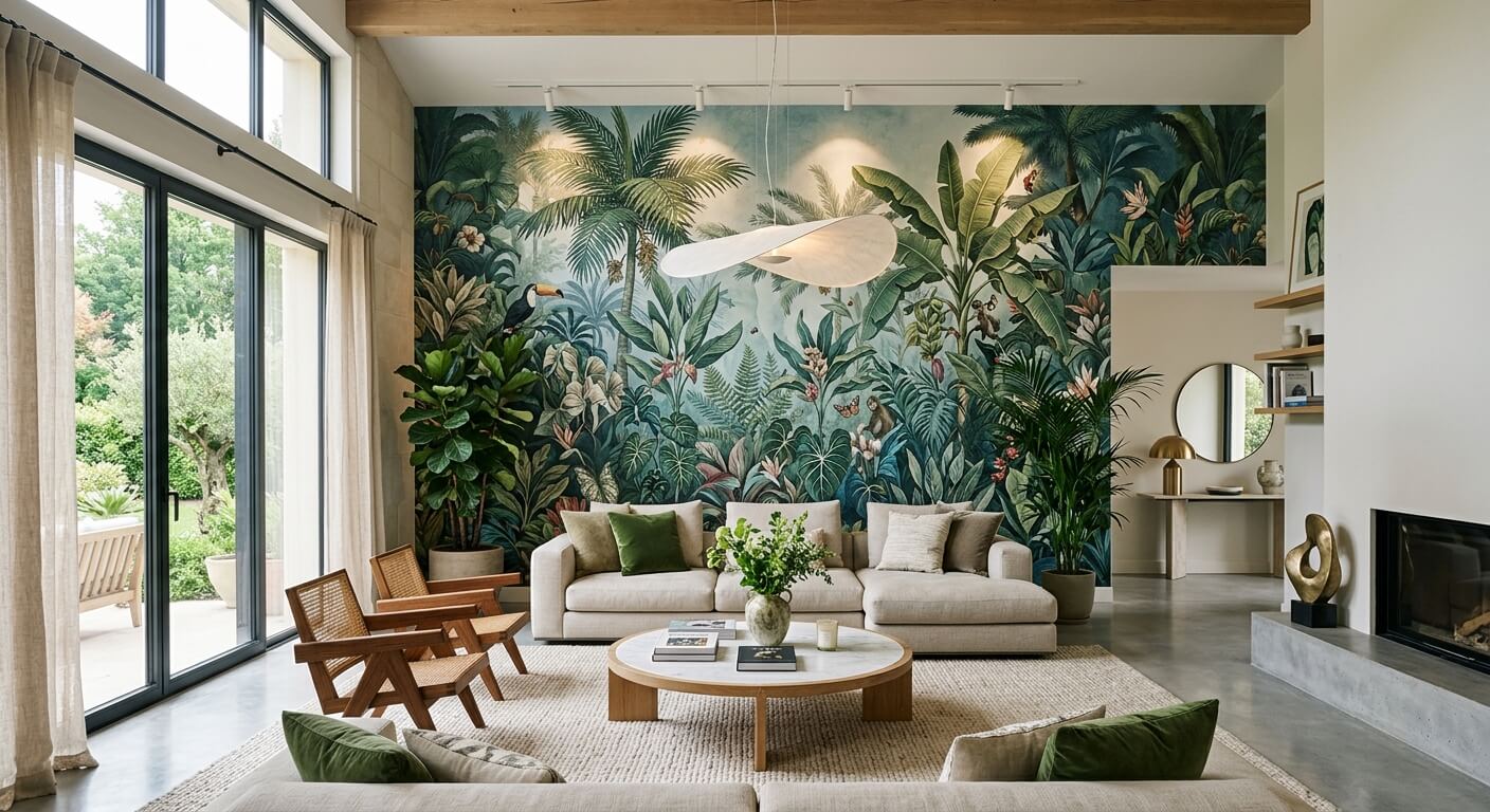 Grand salon contemporain mettant en valeur un papier peint panoramique à motif végétal tropical sur le mur principal.