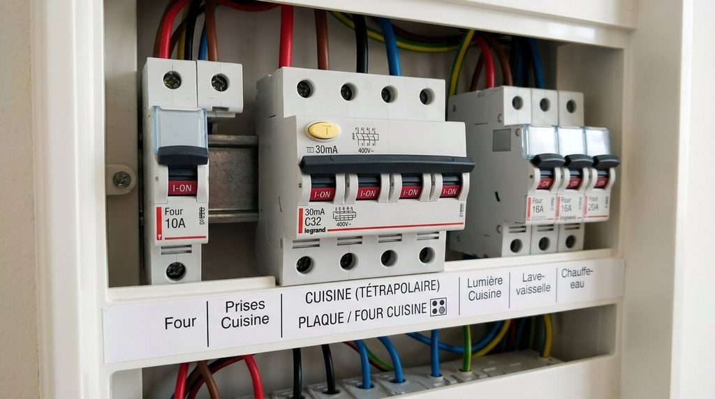 Disjoncteur différentiel tétrapolaire dans un tableau électrique domestique alimentant une cuisine.