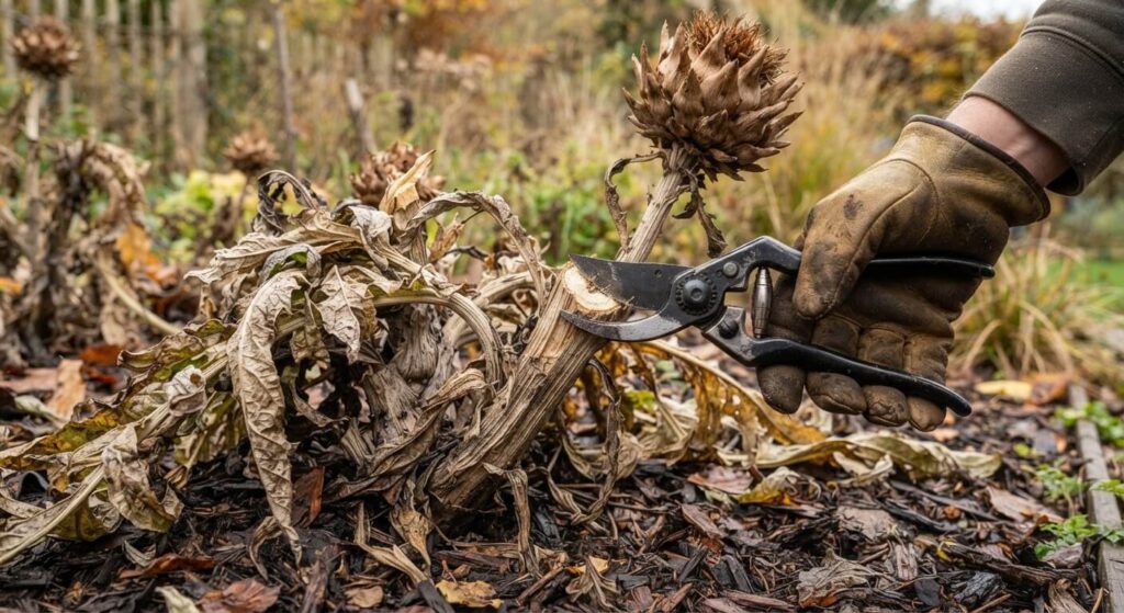 Que faire des pieds d’artichauts après la récolte ? 3 Coupe nette de la hampe florale desséchée d'un pied d'artichaut au sécateur en automne.
