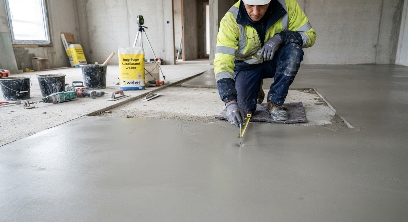 Vérification de la prise d'un enduit de ragréage autolissant coulé sur une dalle béton.