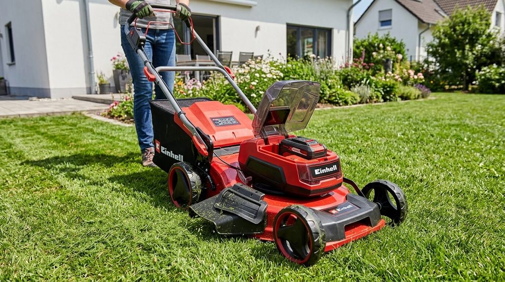 Tondeuse à gazon sans fil Einhell en cours d'utilisation sur une pelouse résidentielle.