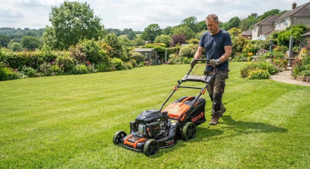 Tondeuse thermique autotractée Fuxtec noire et orange tondant une grande pelouse de jardin.