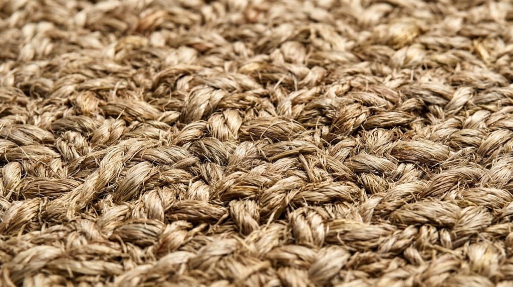 Texture détaillée des mailles épaisses et du tressage artisanal d'un tapis en fibre de jute brute.