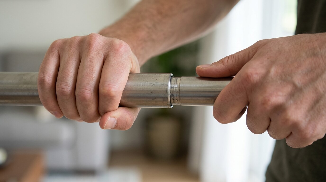 Deux mains vissant les deux tubes d'une tringle extensible pour bloquer le mécanisme interne.