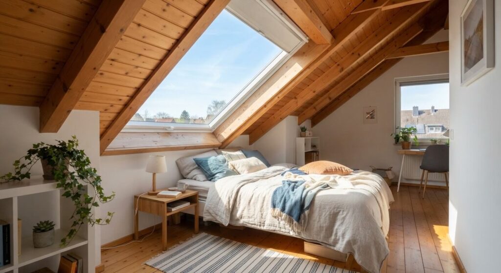 Occulter un Velux sans store : solutions pas chères, chaleur et nuit noire 2 Fenêtre de toit Velux laissant entrer la lumière vive du jour dans une chambre mansardée.