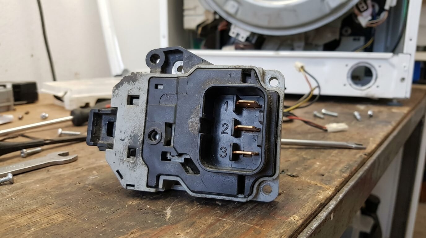 Mécanisme de verrouillage de porte de machine à laver démonté montrant ses trois cosses numérotées.