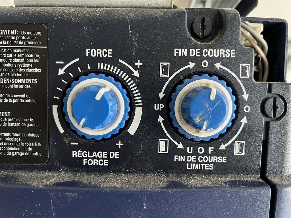 MotorLift 500 en panne : arrêt à mi-course, bips et réglage des fins de course 4 Molettes en plastique bleu et blanc de réglage de force et de fin de course sur le moteur de garage.