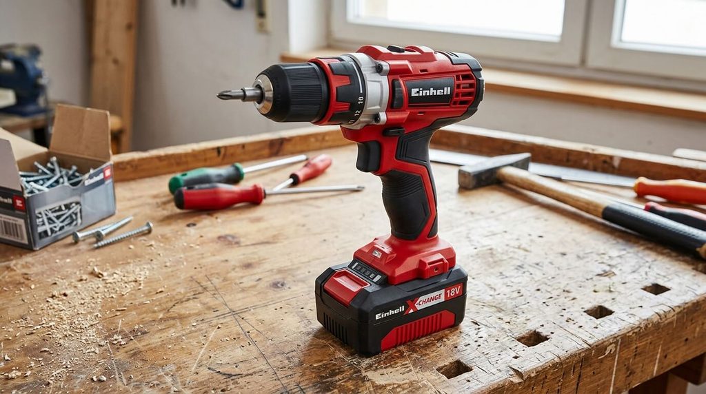 Visseuse sans fil rouge Einhell équipée de sa batterie Power X-Change posée sur un établi.